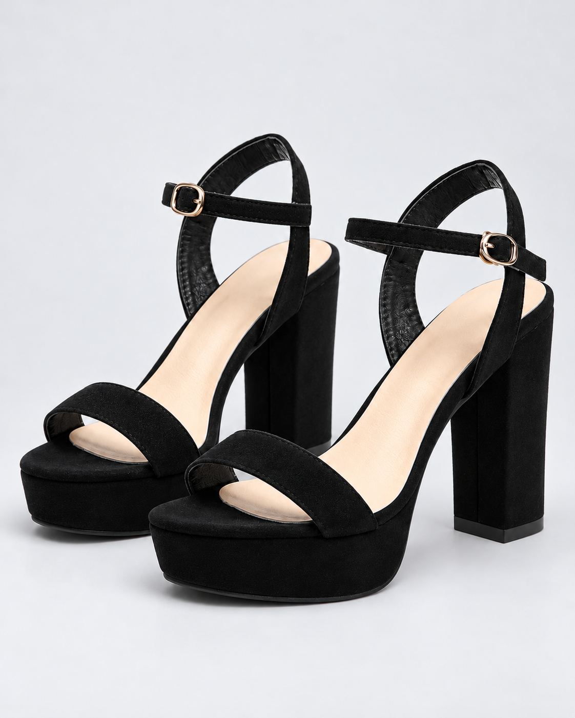 Rhinestone Platform Block Heel Sandals - Black Suede Look - product view 1