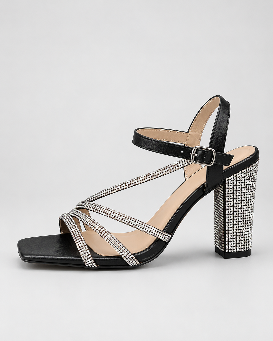 Rhinestone Strap Block Heel Sandals - Black - product view 2