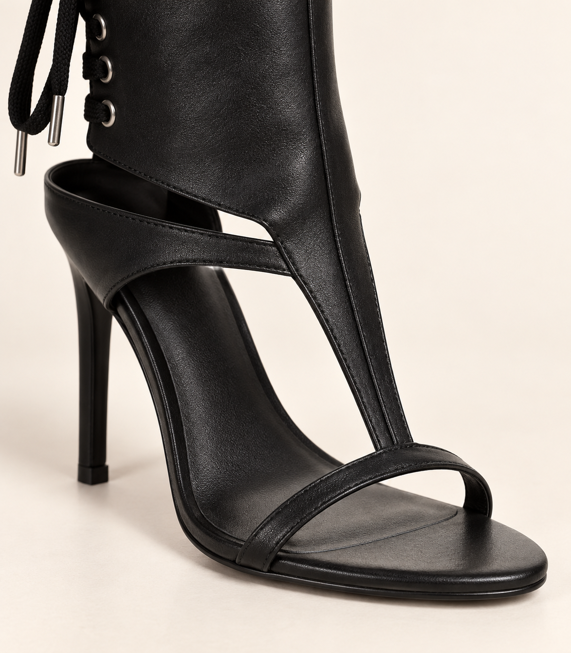 Lace Up Open Toe Heeled Sandal Boots - Black - product view 5