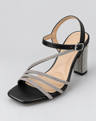 Rhinestone Strap Block Heel Sandals - Black - product view 3