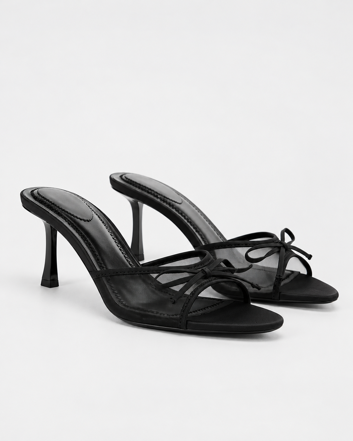 Bow Detail Mesh Heeled Mules - Black - product view 1