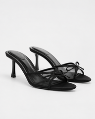 Bow Detail Mesh Heeled Mules - Black - product view 1