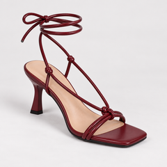 Square Toe Lace Up Stiletto Sandals - Burgundy - product view 3