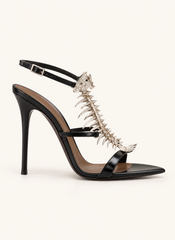 Metallic Fishbone Detail Stiletto Sandals - Black - product view 2