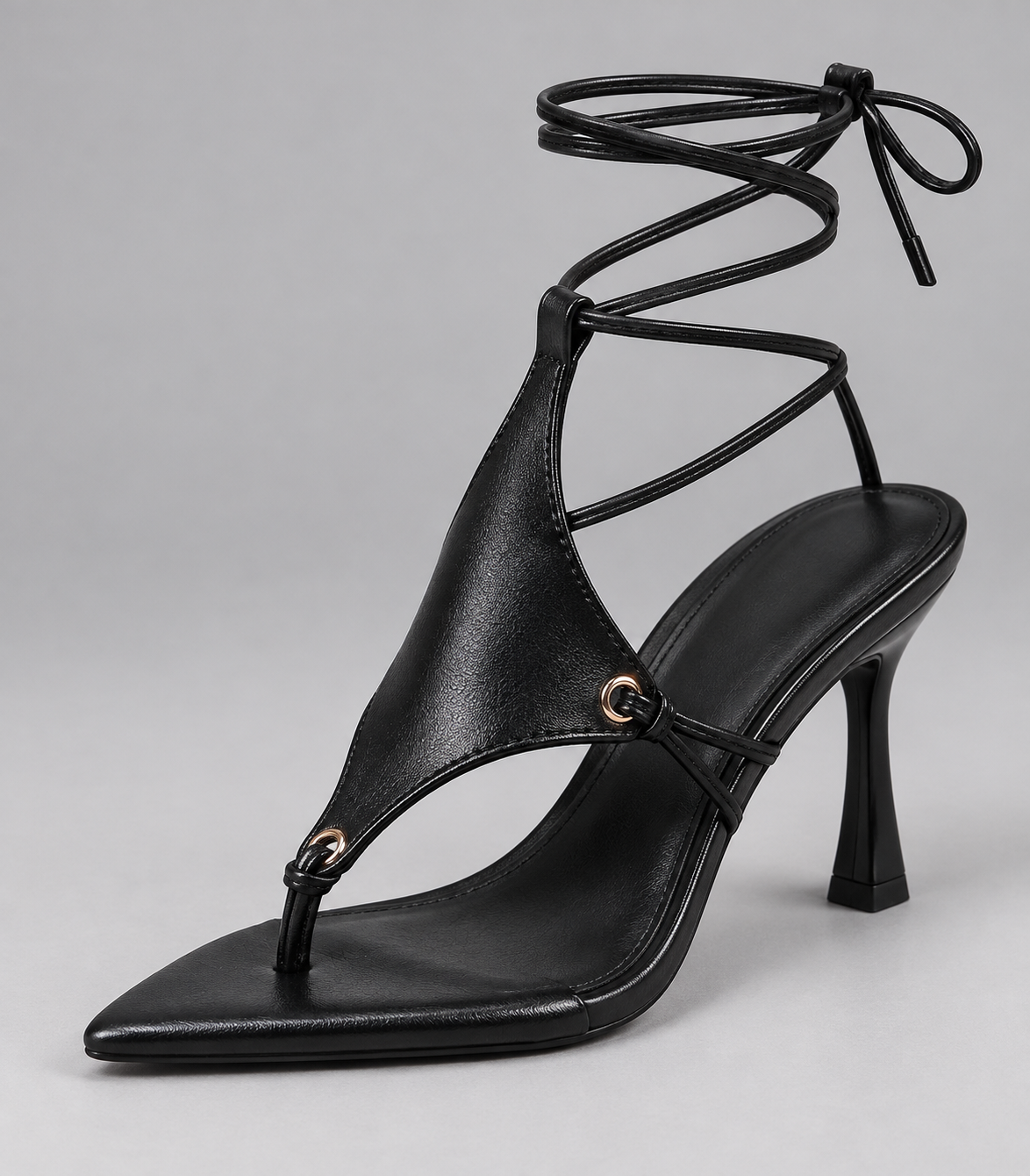 Cross Strap Lace Up Stiletto Sandals - Thong Straps Black (8 cm) - product view 3