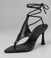 Cross Strap Lace Up Stiletto Sandals - Thong Straps Black (8 cm) - product view 3