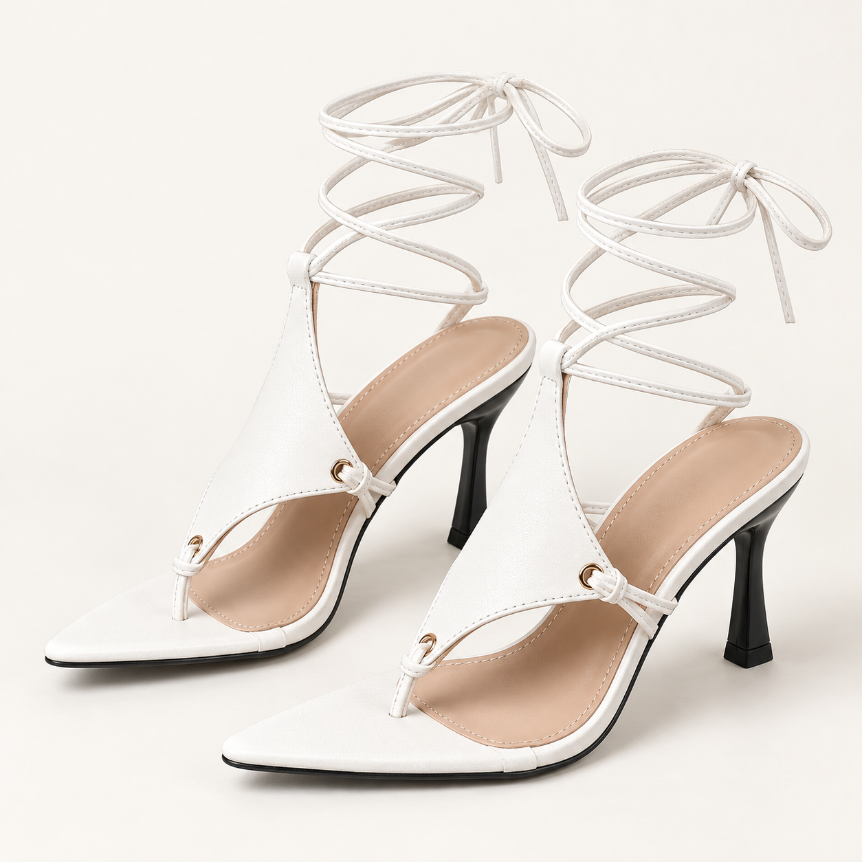 Cross Strap Lace Up Stiletto Sandals - Thong Straps White (8 cm) - variant image