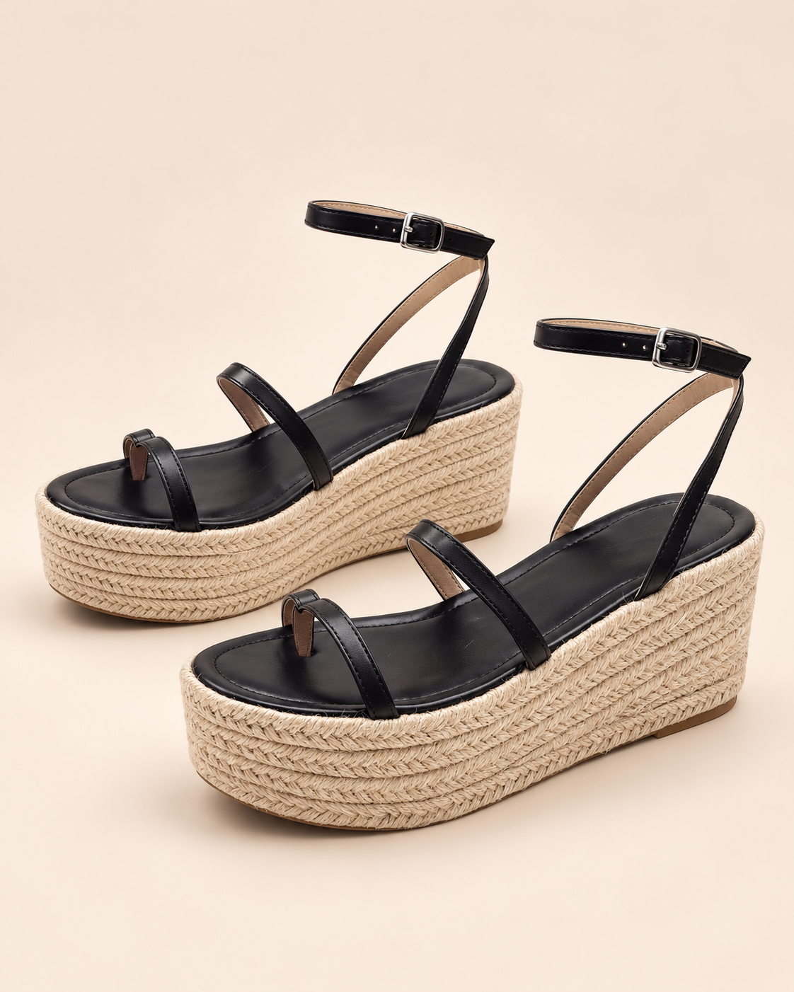 Buckle Strap Platform Wedge Sandals - Black - product view 1