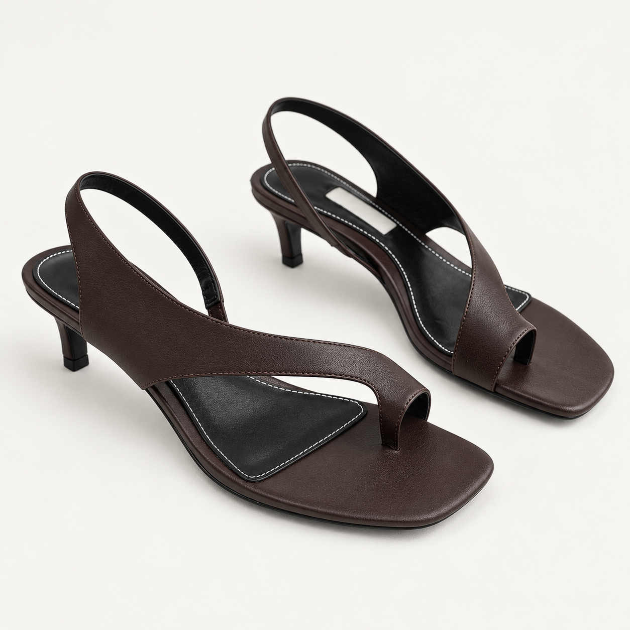 Asymmetric Thong Slide Sandals - Coffee Mid Heel - variant image