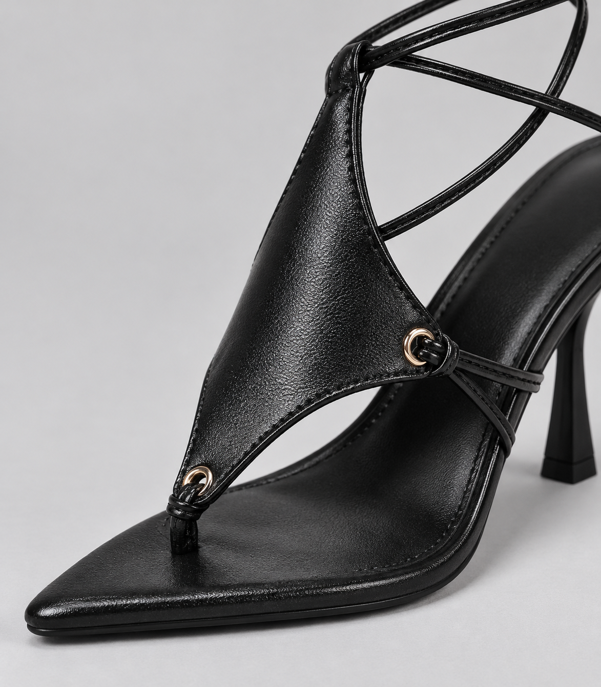 Cross Strap Lace Up Stiletto Sandals - Thong Straps Black (8 cm) - product view 4