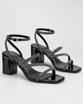 Slim Strap Open Toe Heeled Sandals - Black/PAT - product view 1