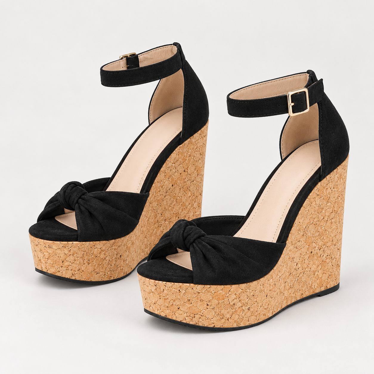 Bow Detail Cork Look Wedge Sandals - Black - variant image