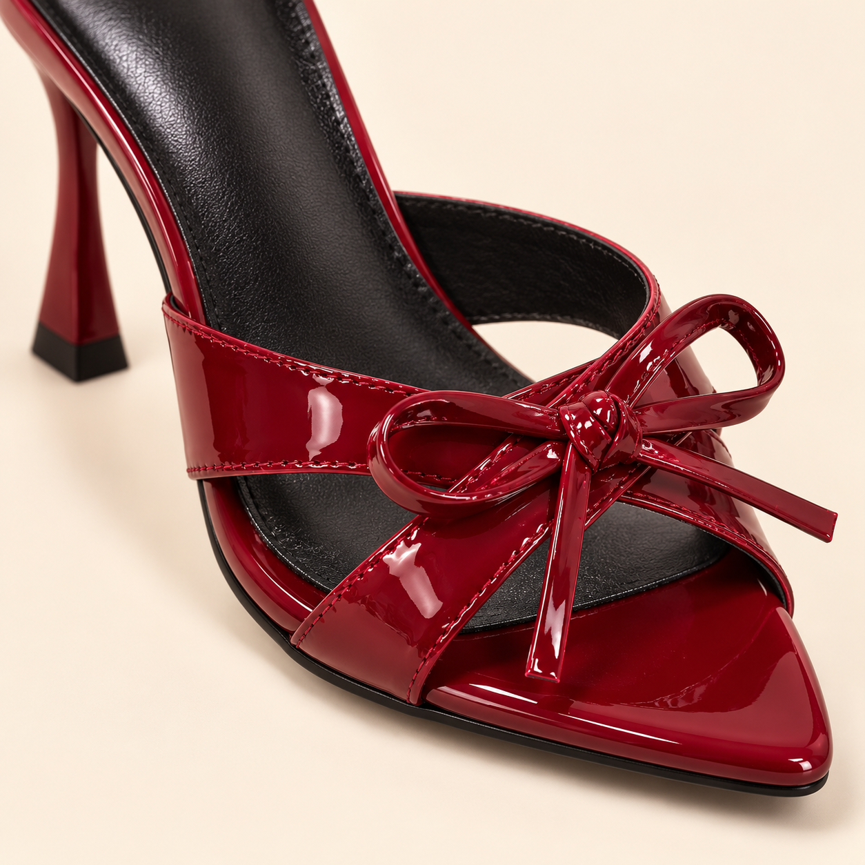 Bow Detail Peep Toe Heeled Mules - Burgundy - product view 5