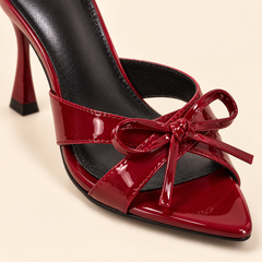 Bow Detail Peep Toe Heeled Mules - Burgundy - product view 5