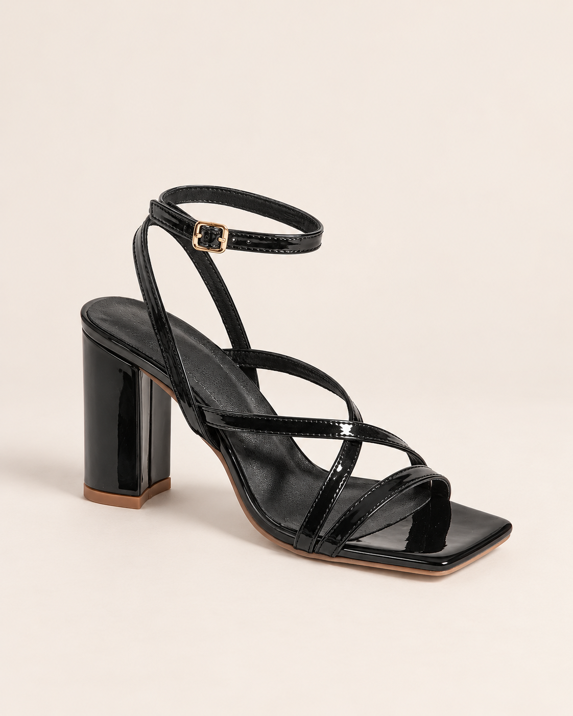 Square Toe Cross Strap Block Heel Sandals - Black - product view 1