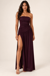 Strapless Ruched High Slit Maxi Dress - Coffee - Product view