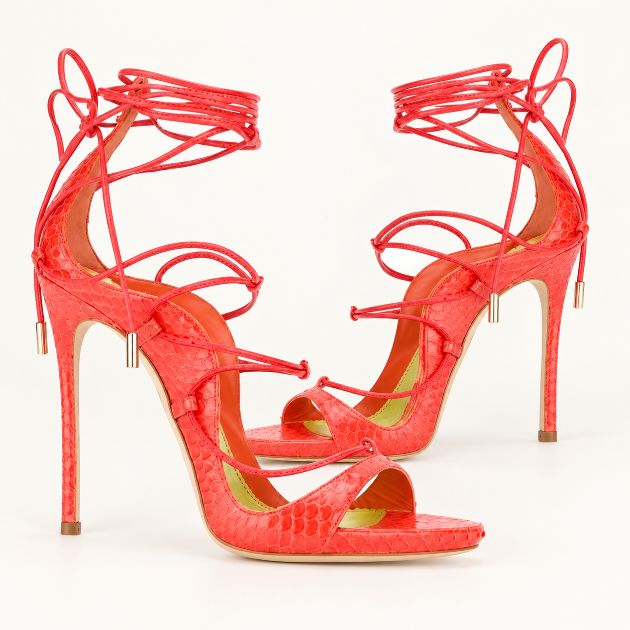 Lace Up Platform Stiletto Sandals - Red Textured - variant image