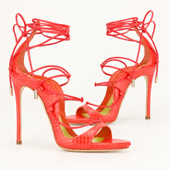 Lace Up Platform Stiletto Sandals - Red Textured - variant image