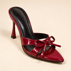 Bow Detail Peep Toe Heeled Mules - Burgundy - product view 3