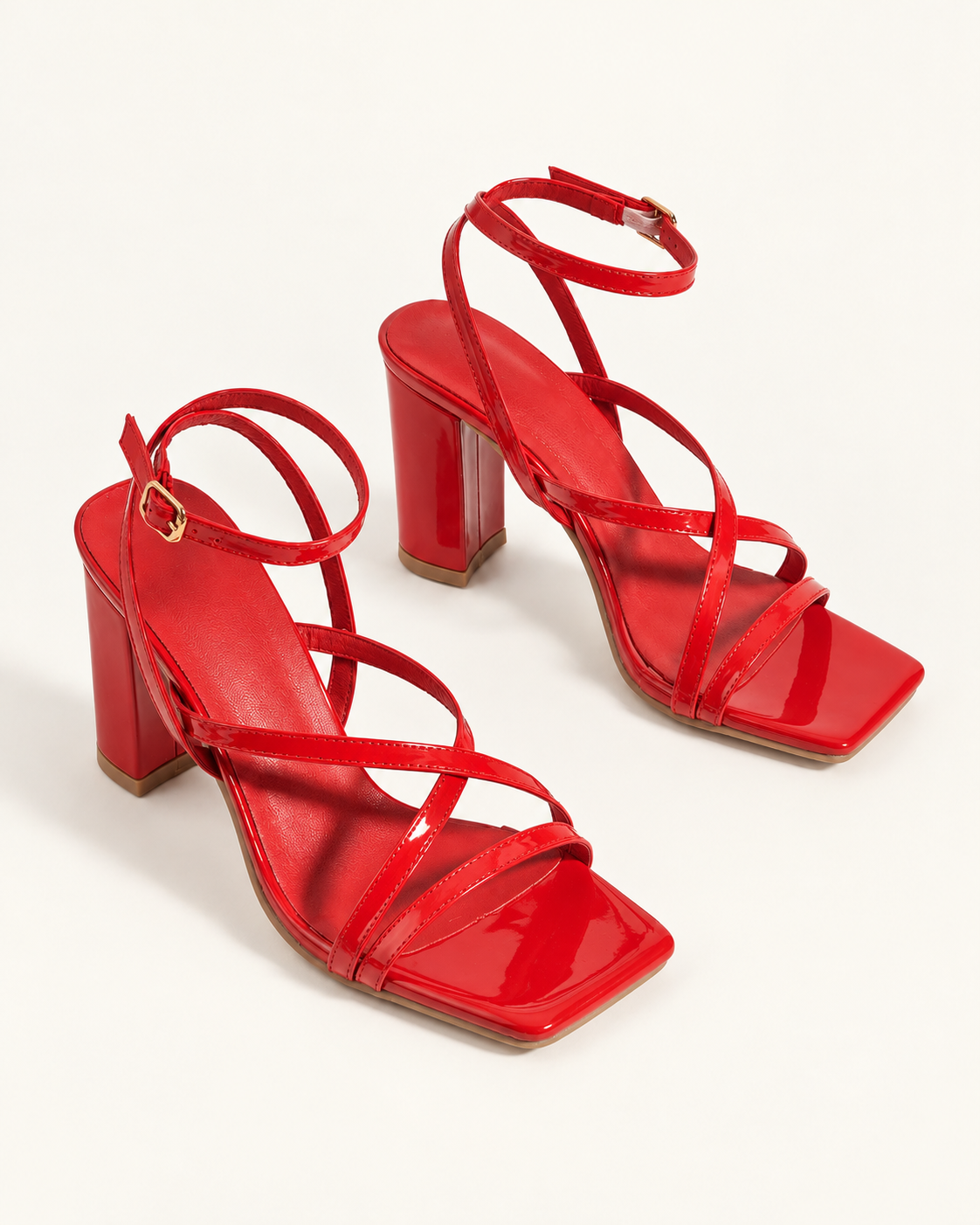 Square Toe Cross Strap Block Heel Sandals - Red - variant image