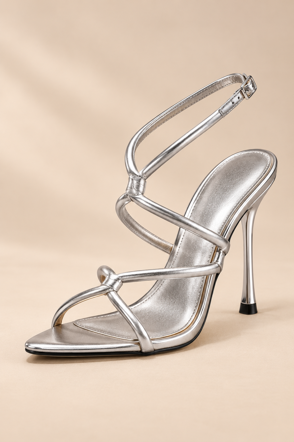 Metallic Cross Strap Stiletto Sandals - Silver - product view 3