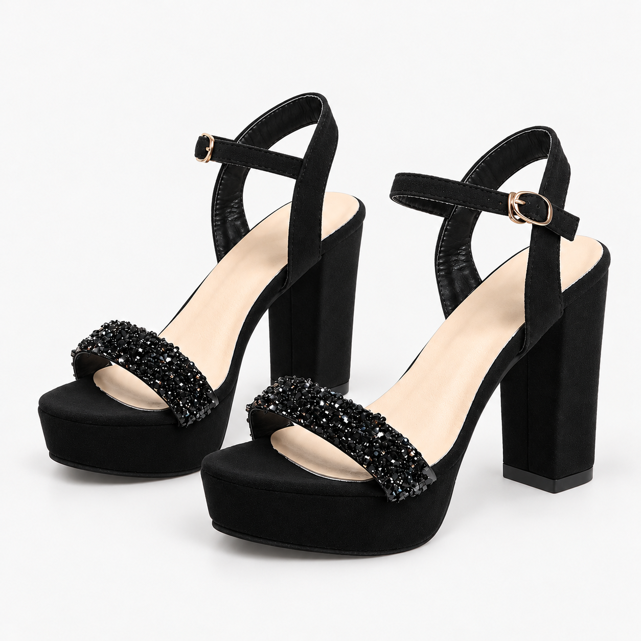 Rhinestone Platform Block Heel Sandals - Black Rhinestones - variant image