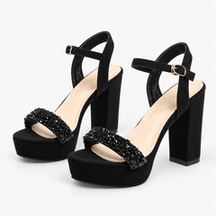 Rhinestone Platform Block Heel Sandals - Black Rhinestones - variant image
