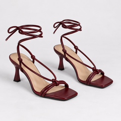 Square Toe Lace Up Stiletto Sandals - Burgundy - variant image