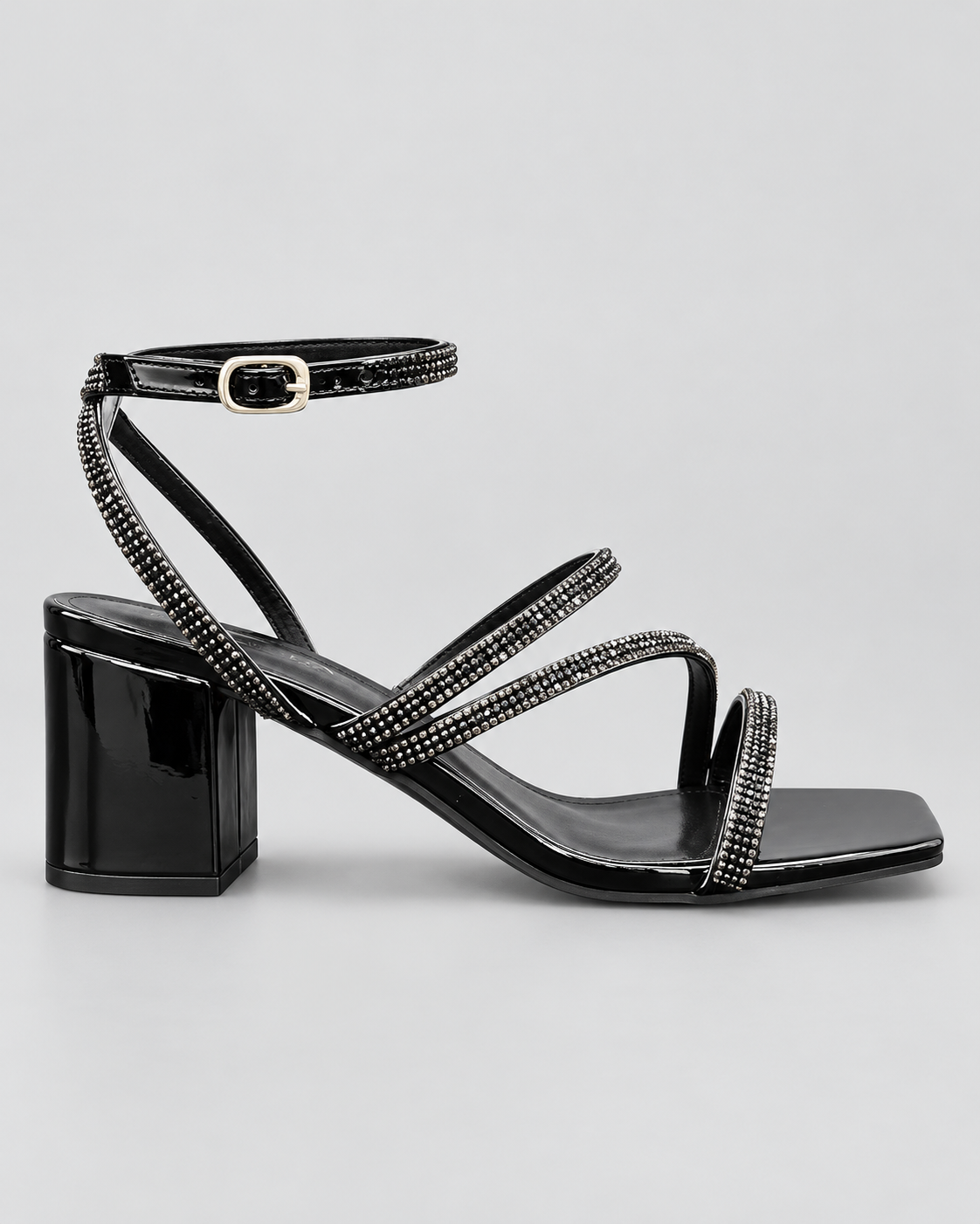 Slim Strap Open Toe Heeled Sandals - Black/PAT - product view 2