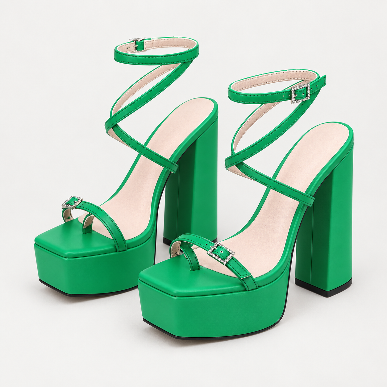 Cross Strap Platform Block Heel Sandals - Green - variant image