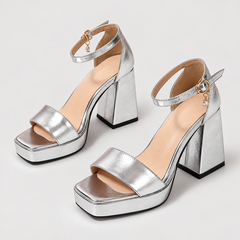 Metallic Ankle Strap Platform Block Heel Sandals - Silver - variant image