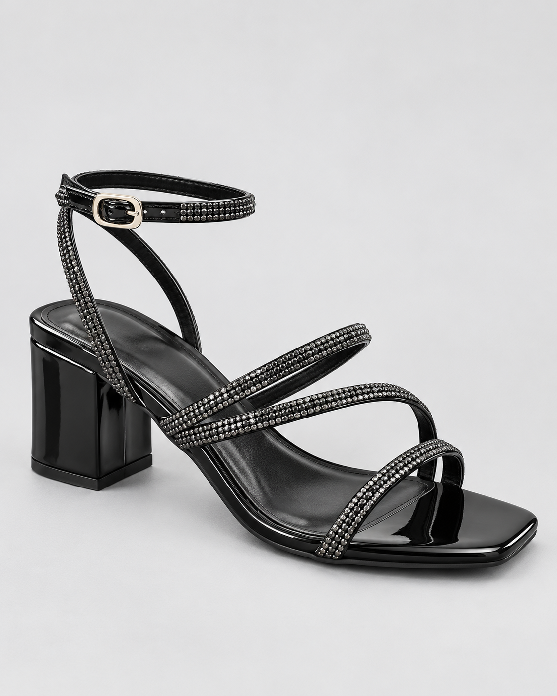 Slim Strap Open Toe Heeled Sandals - Black/PAT - product view 3