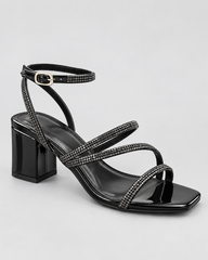 Slim Strap Open Toe Heeled Sandals - Black/PAT - product view 3