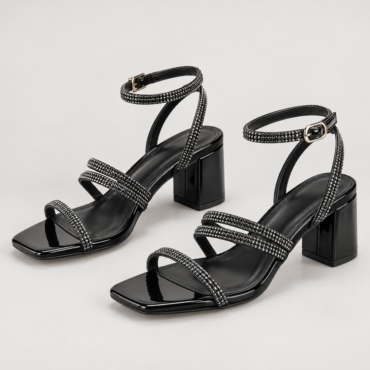 Slim Strap Open Toe Heeled Sandals - Black/PAT - variant image