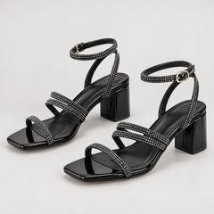 Slim Strap Open Toe Heeled Sandals - Black/PAT - variant image