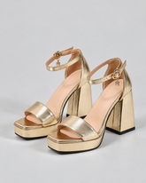 Metallic Ankle Strap Platform Block Heel Sandals - Gold - product view 1