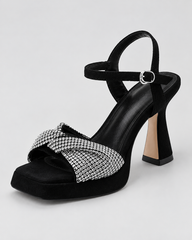 Rhinestone Ankle Strap Heeled Sandals - Black - product view 3