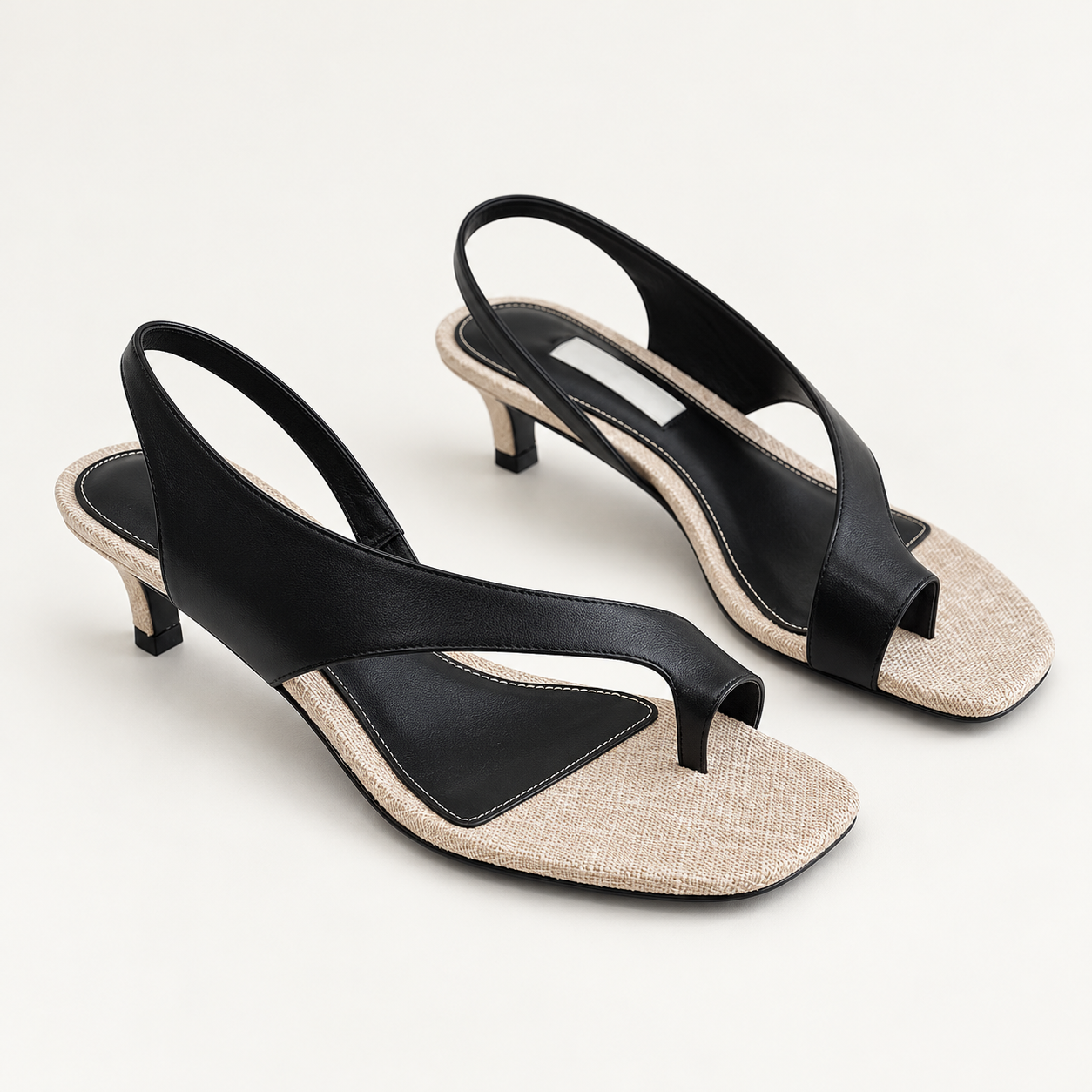 Asymmetric Thong Slide Sandals - Black Sand Mid Heel - variant image