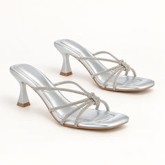 Rhinestone Strap Heeled Slide Sandals - Silver - variant image