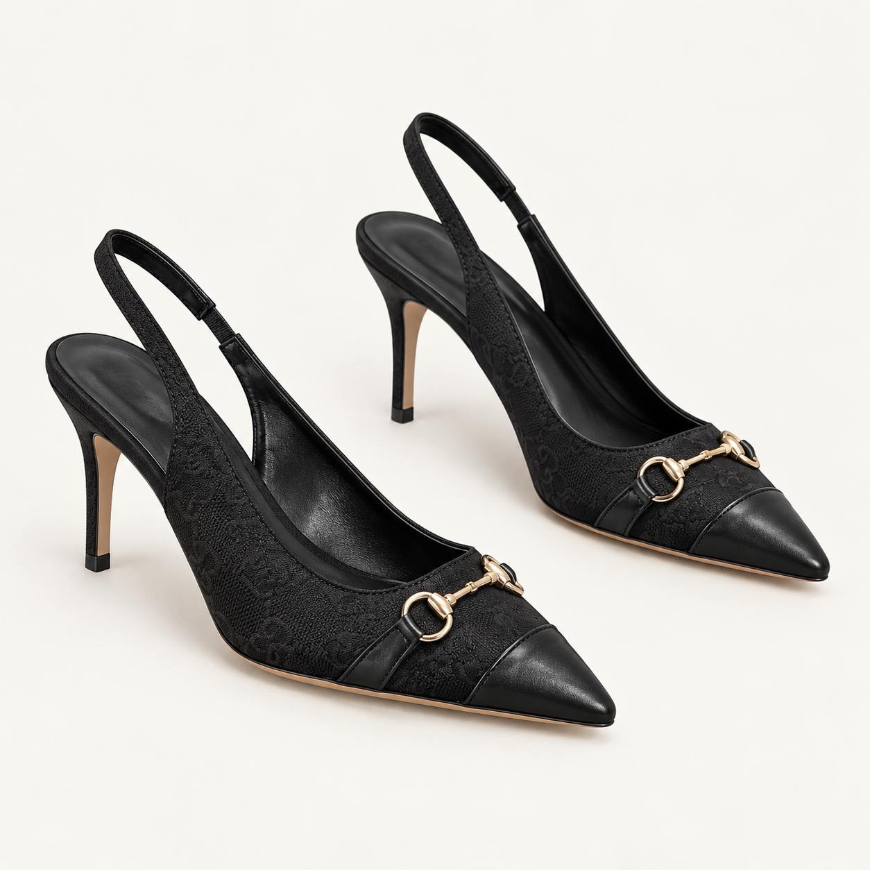 Horsebit Detail Pointed Toe Slingback Heels - Black - variant image