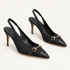Horsebit Detail Pointed Toe Slingback Heels - Black - variant image