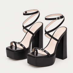 Cross Strap Platform Block Heel Sandals - Black - variant image