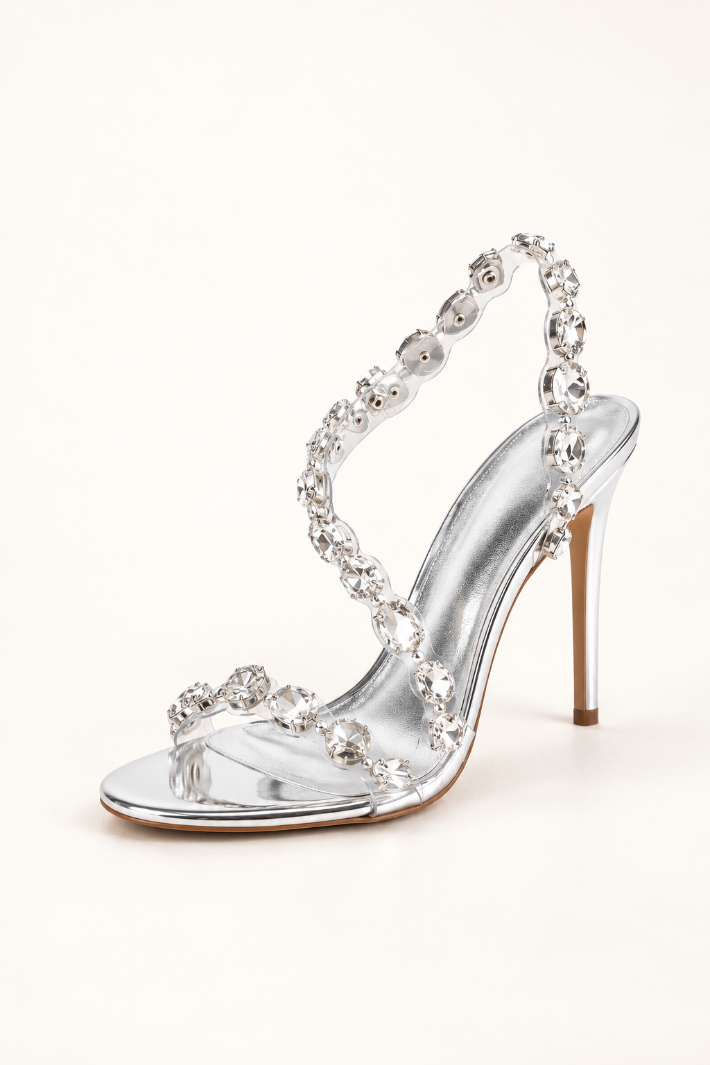Gemstone Detail Clear Strap Stiletto Sandals - Silver - product view 3