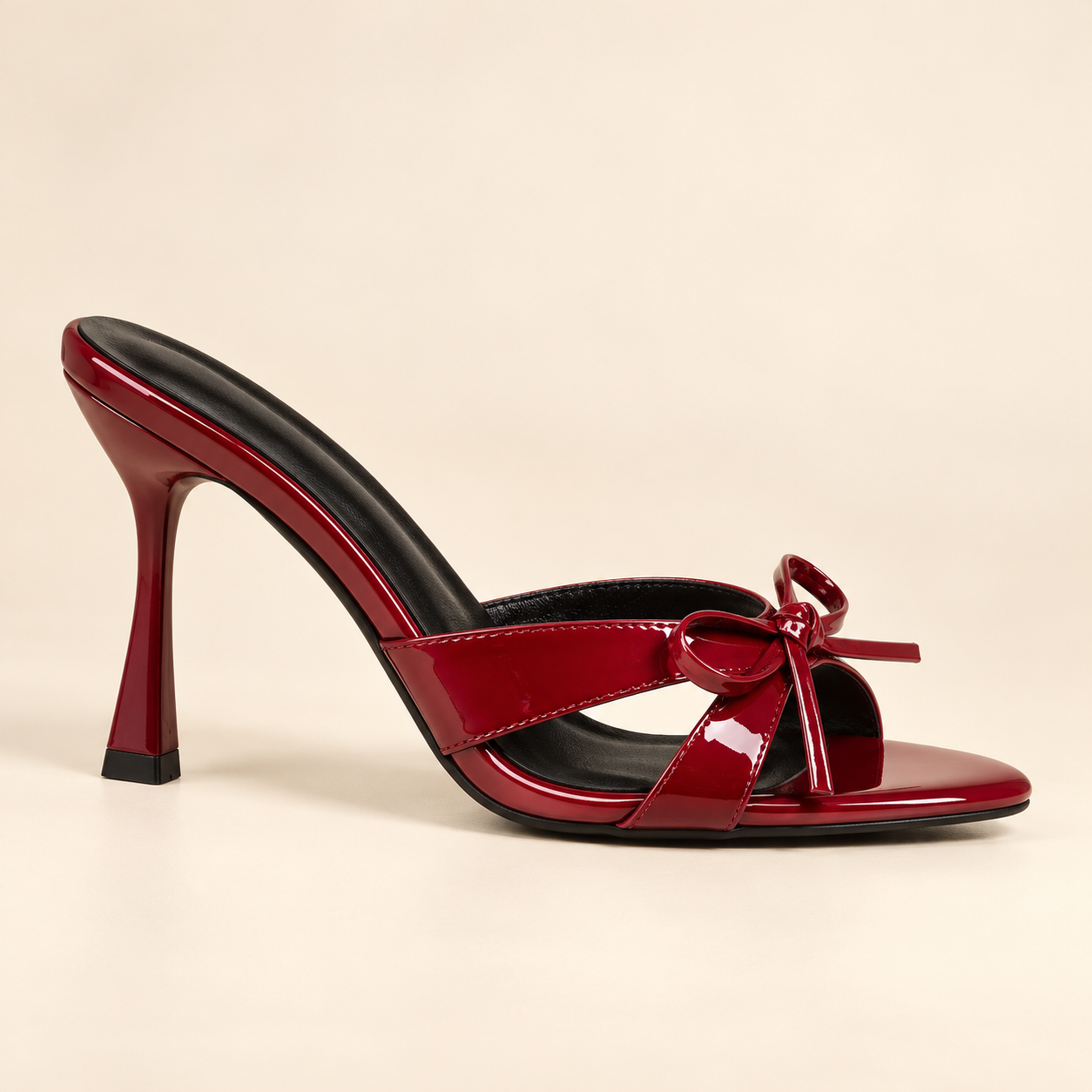 Bow Detail Peep Toe Heeled Mules - Burgundy - product view 2