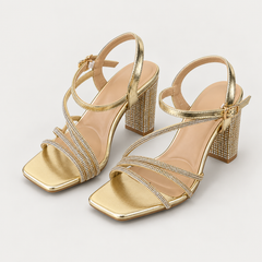 Rhinestone Strap Block Heel Sandals - Gold - variant image