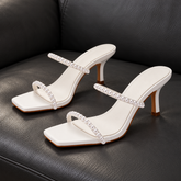 Pearl Detail Square Toe Heeled Mules - White - product view 1