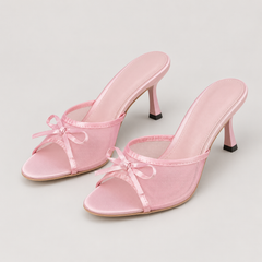 Bow Detail Mesh Heeled Mules - Pink - variant image