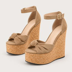 Bow Detail Cork Look Wedge Sandals - Khaki - variant image