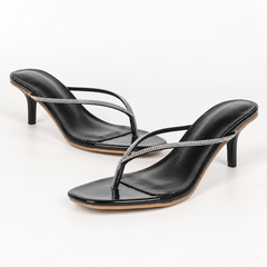 Rhinestone Thong Heel Mules - Black - variant image