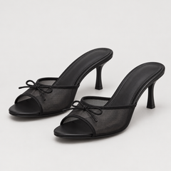 Bow Detail Mesh Heeled Mules - Black - variant image